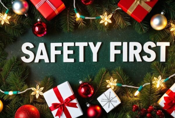 safety first lettering on christmas tree with presents and baubles lights